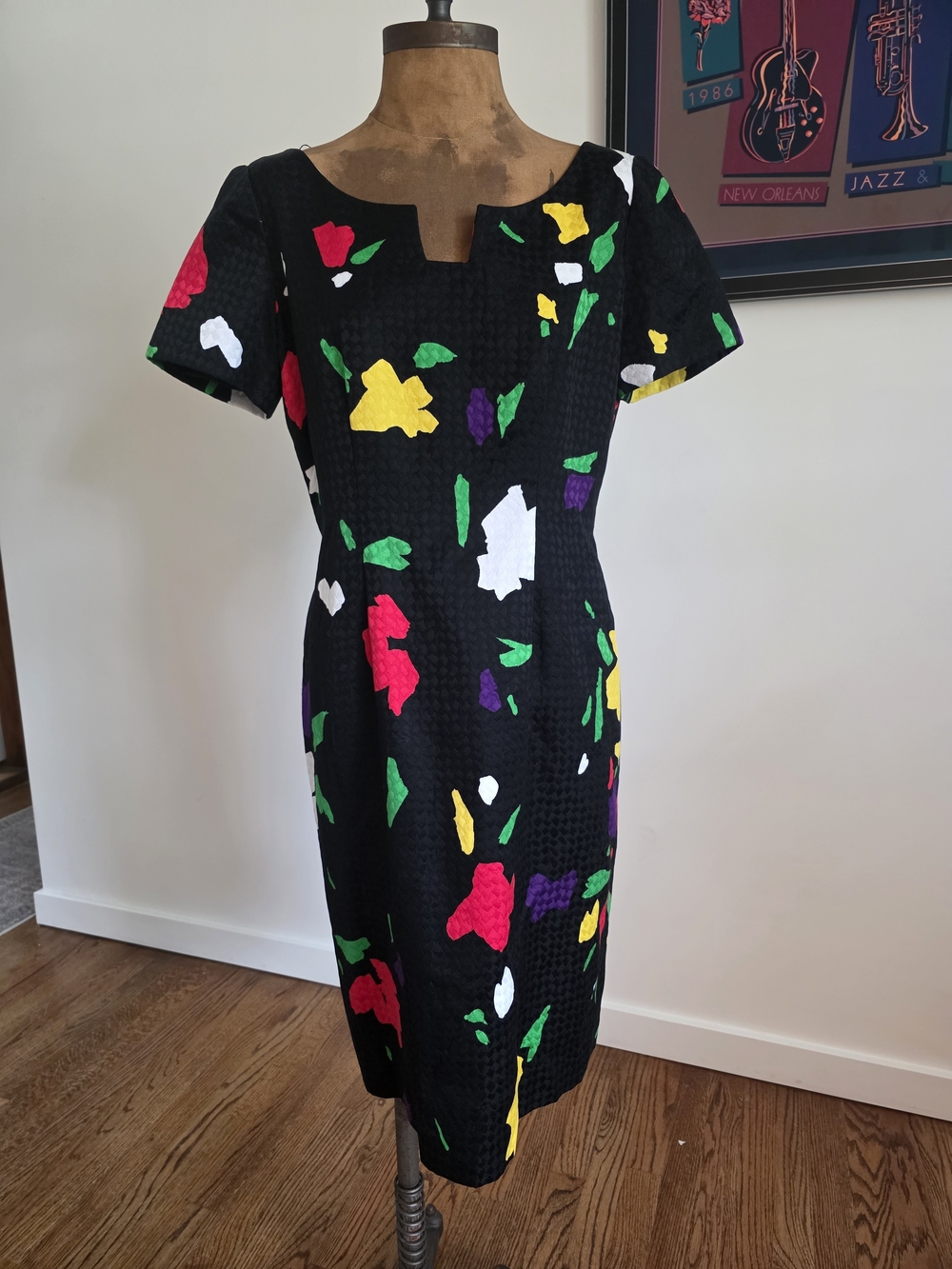 Vintage 90s Bill Blass Black Textured Floral Sheath Dress Size 10 Fits Like 6/8
